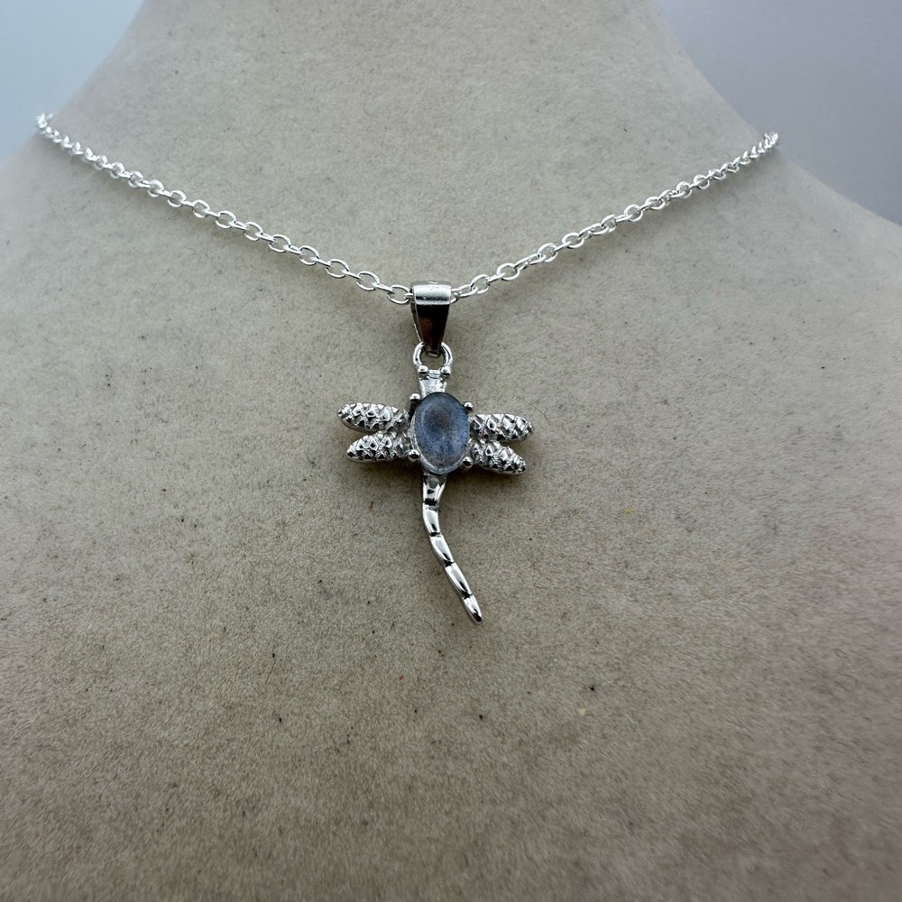 Silver Moonstone Dragonfly Pendant Necklace on Silver Plated Box Chain - Picture 5 of 12